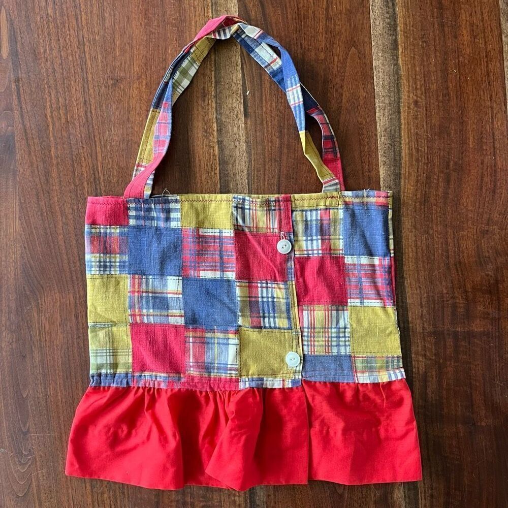 Upcycled Plaid Ruffle Tote w/ SmurfโLining, Vintage Fabric Patchwork Bag